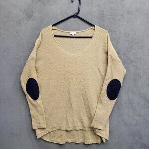 Gap Womens Lightweight Wool Blend Tan Sweater With Navy Elbow Patches Size Small